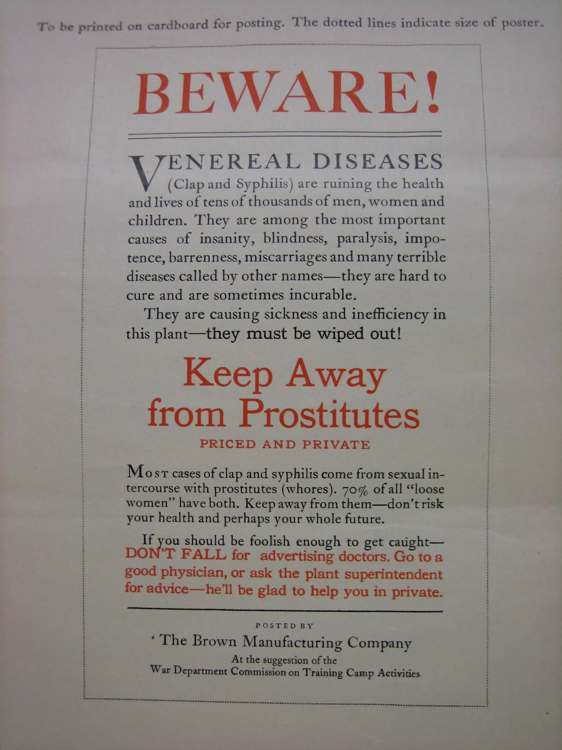 government propaganda sent to corporations to post as part of the "war against prostitution" during wwi, archival document from the university of idaho library's special collections (potlatch papers)
